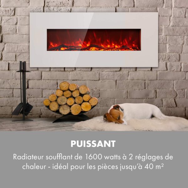 KLARSTEIN Lausanne Long - Cheminée électrique chauffante, Cheminee electrique effet flamme, 1600W, Puissance 2 niveaux, Verre trempé, Luminosité réglable, Télécommande, Montage Mural - Blanc – Image 6