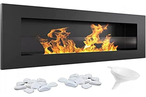 KRATKI Delta Slim Cheminée Bio Ethanol + Galets + Entonnoir | pour Installation Murale ou Encastrement d'angle, avec Vitrage l Récipient Bio 0.4 l, Certifié TÜV | Acier, 40 x 90 cm, Noir