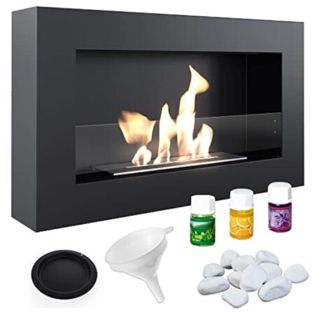 KRATKI Golf Flat Indoor Cheminée au bioéthanol + Galets + Entonnoir + kit d'aromathérapie Mural 0,4 l Acier revêtu par Poudre avec vitrage 37 x 64 cm