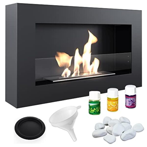 KRATKI Golf Flat Indoor Cheminée au bioéthanol + Galets + Entonnoir + kit d'aromathérapie Mural 0,4 l Acier revêtu par Poudre avec vitrage 37 x 64 cm – Image 2