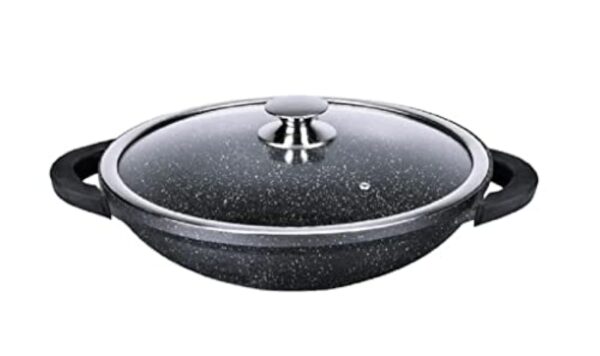 Kamberg - Wok 36 cm - Fonte d'Aluminium - Revêtement Type Pierre - Couvercle en Verre - Tous Feux dont Induction - Sans PFOA - 0008047