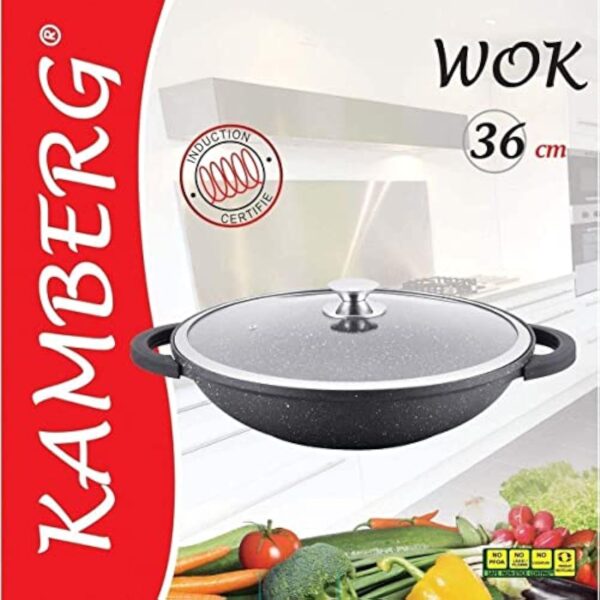 Kamberg - Wok 36 cm - Fonte d'Aluminium - Revêtement Type Pierre - Couvercle en Verre - Tous Feux dont Induction - Sans PFOA - 0008047 – Image 4