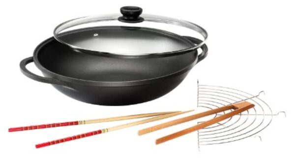 Karcher Wok Mai-Lin (fonte d'aluminium, Ø 36 cm, revêtement antiadhésif Durit-Select, couvercle en verre et accessoires inclus) en noir – Image 2