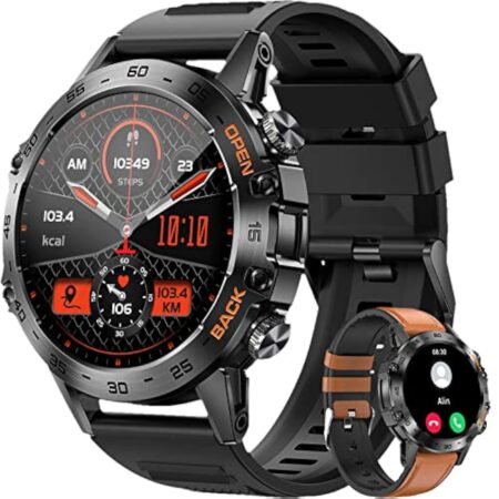 LEMFO Montre Connectée Homme,120+ Modes Sportifs ,1.39" HD 360 * 360 Smartwatch avec Appels Bluetooth, avec Moniteur Fréquence/SPO2,Cardiaque Tensiomètre,pour Android iOS(2 Bracelets)