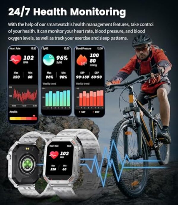 LIGE Montre Connectée Homme avec Appel Bluetooth, 1,96" Smartwatch ave 123 Sports, Moniteur de Fréquence Cardiaque SpO2 Sommeil Podometre Calories Montre pour Android iOS – Image 5
