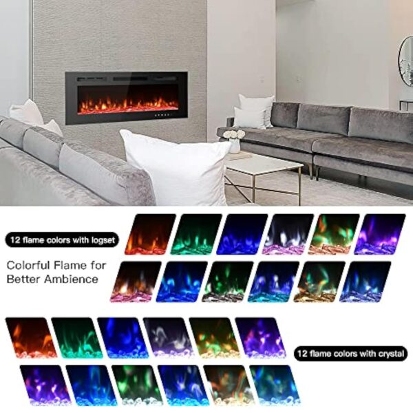 M.C.Haus Cheminée électrique ultra-mince, silencieuse, 12 couleurs de flamme variables, encastrée dans le mur, sur pied, écran tactile en verre et télécommande, avec jeu de bûches et cristal,102cm – Image 4