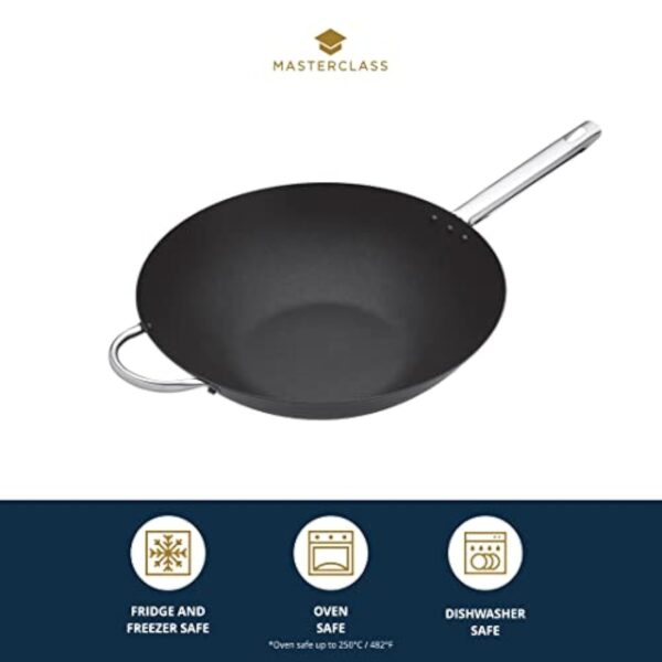 MasterClass Wok Carbon, Antiadhésif, Acier Au Carbone, Poêle Wok De 8 Litres, 35,5 cm (14''), Noir – Image 3
