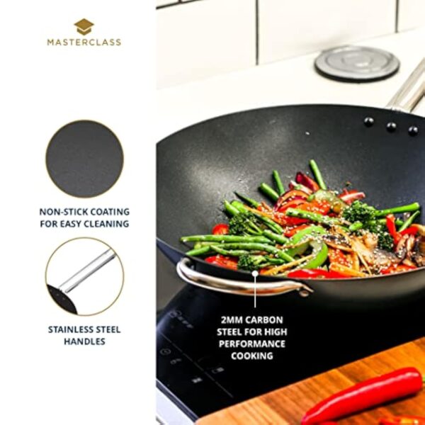 MasterClass Wok Carbon, Antiadhésif, Acier Au Carbone, Poêle Wok De 8 Litres, 35,5 cm (14''), Noir – Image 6
