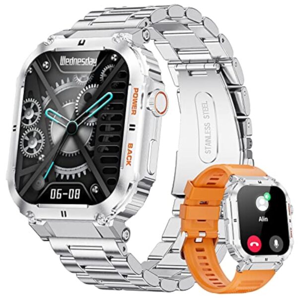 Montre Connectée Homme avec Appel Bluetooth, Militaire Smartwatch avec Fréquence Cardiaque Sommeil, 1.96" Sport Montre Intelligente IP67 Etanche Notification Intelligente pour iOS Android Argent
