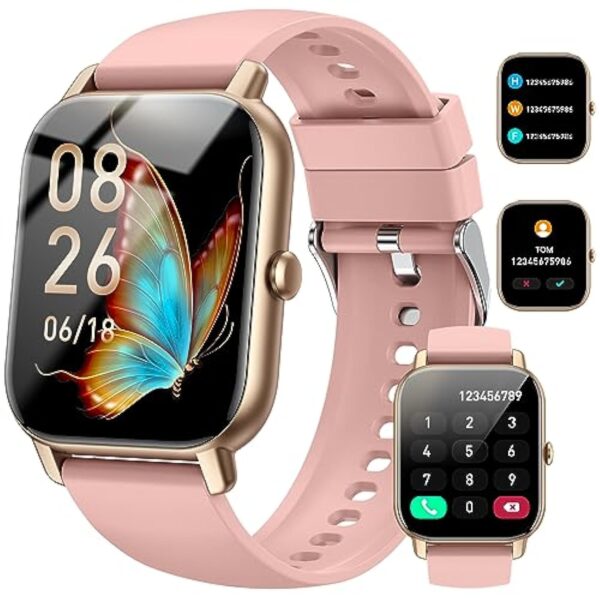 Montre Connectée Femme avec Appel Bluetooth, 1,85" Smartwatch avec Etanche IP68 110+ Modes Sportifs Podometre, Moniteur de Sommeil Cardiofréquencemètre, Montre Intelligente pour Android iOS, Rose Doré