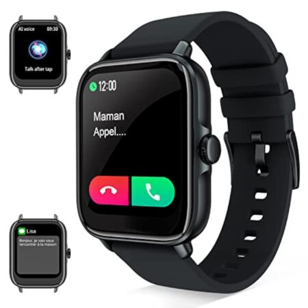 Montre Connectée Repondre Appel et SMS, 1.7" Smartwatch Sport Tactile Homme Femme Adulte Android iOS, Tracker d'activité/Podometre/Moniteur de Fréquence Cardiaque et Sommeil/ Etanche, Watch Noir