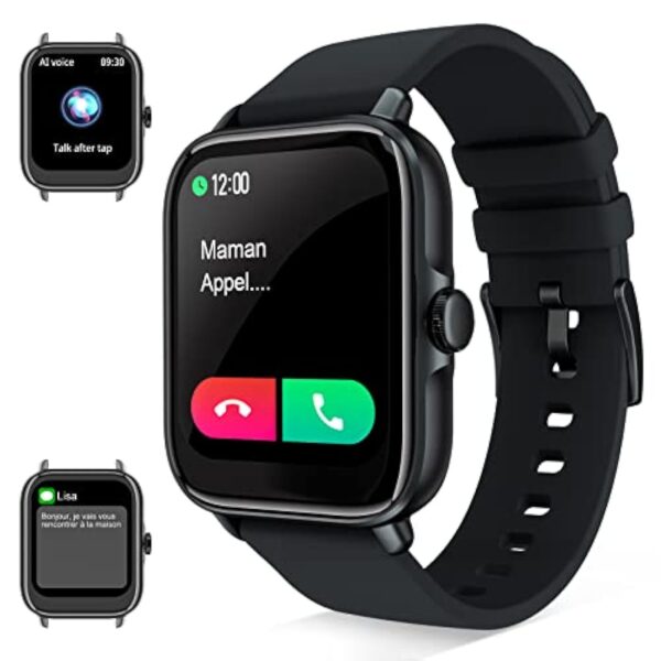 Montre Connectée Repondre Appel et SMS, 1.7" Smartwatch Sport Tactile Homme Femme Adulte Android iOS, Tracker d'activité/Podometre/Moniteur de Fréquence Cardiaque et Sommeil/ Etanche, Watch Noir – Image 2