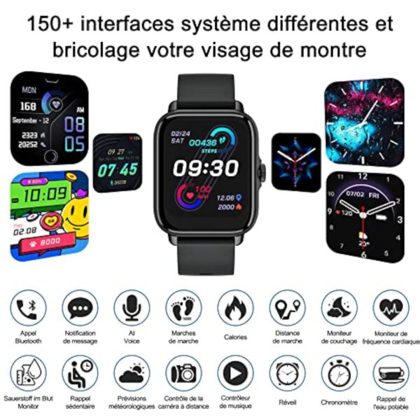 Montre Connectée Repondre Appel et SMS, 1.7" Smartwatch Sport Tactile Homme Femme Adulte Android iOS, Tracker d'activité/Podometre/Moniteur de Fréquence Cardiaque et Sommeil/ Etanche, Watch Noir – Image 3