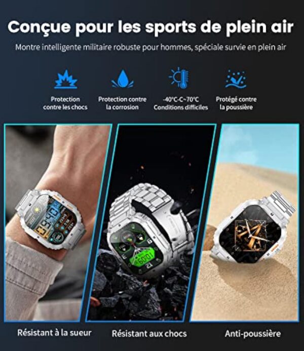 Montre Connectée Homme avec Appel Bluetooth, Militaire Smartwatch avec Fréquence Cardiaque Sommeil, 1.96" Sport Montre Intelligente IP67 Etanche Notification Intelligente pour iOS Android Argent – Image 3
