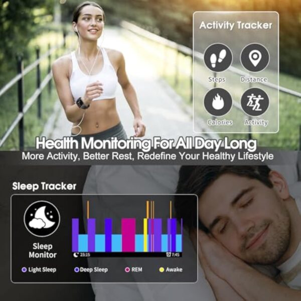 Montre Connectée Femme Homme avec Appel Bluetooth, 1.85" HD Smartwatch Motre Sport avec 112 Modes Sportifs, Podometre Cardiofrequencemetre Sommeil, Etanche IP68 Smart Watch pour Android/iOS, Noir – Image 4