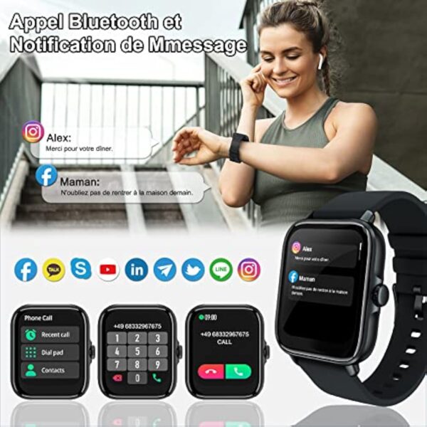Montre Connectée Repondre Appel et SMS, 1.7" Smartwatch Sport Tactile Homme Femme Adulte Android iOS, Tracker d'activité/Podometre/Moniteur de Fréquence Cardiaque et Sommeil/ Etanche, Watch Noir – Image 4