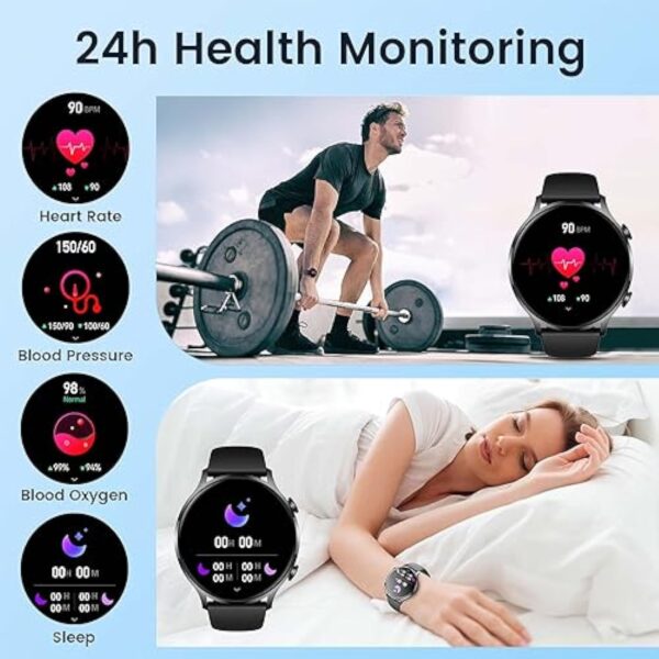 Montre Connectée Sport pour Hommes avec Appel: Smartwatch Bluetooth 5.2 Compatibles Android et IOS Montres Intelligente Ronde de 1,42" Étanche IP67 Fitness Tracker Podomètre Moniteur de Sommeil Noir – Image 4