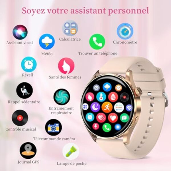 Montre Connectée Femme avec Appel Bluetooth, Montres Intelligente Ronde de 1,38" Étanche IP68 Fitness Tracker Podomètre Moniteur de Sommeil,Fréquence Cardiaque, 100+ Modes Sport, pour Android iOS – Image 4