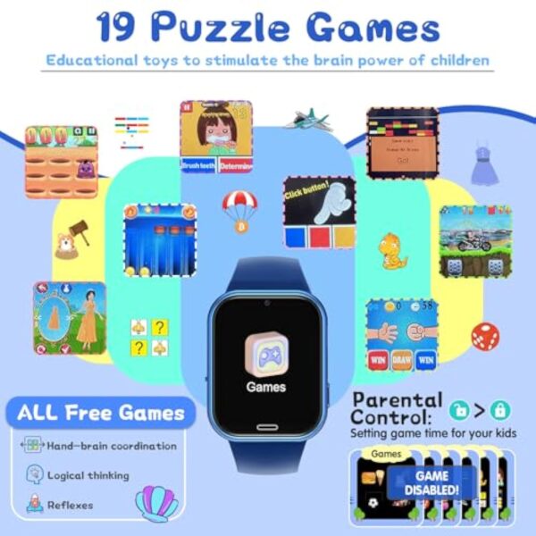 Montre Connectée Enfant 19 Jeux - Smartwatch Téléphone pour Fille Garçon avec Appel SOS, Jeux, Montre Intelligente pour Enfants de 3-12 Ans Cadeau avec Musique, Appareil Photo, Lampe Poche (Bleu) – Image 4
