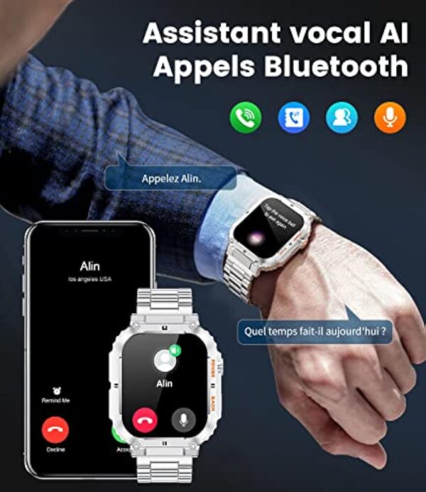 Montre Connectée Homme avec Appel Bluetooth, Militaire Smartwatch avec Fréquence Cardiaque Sommeil, 1.96" Sport Montre Intelligente IP67 Etanche Notification Intelligente pour iOS Android Argent – Image 4