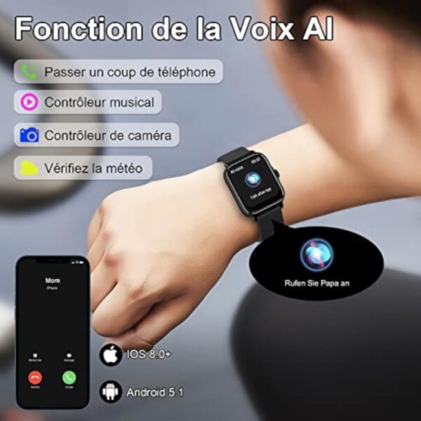 Montre Connectée Repondre Appel et SMS, 1.7" Smartwatch Sport Tactile Homme Femme Adulte Android iOS, Tracker d'activité/Podometre/Moniteur de Fréquence Cardiaque et Sommeil/ Etanche, Watch Noir – Image 5