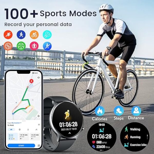 Montre Connectée Sport pour Hommes avec Appel: Smartwatch Bluetooth 5.2 Compatibles Android et IOS Montres Intelligente Ronde de 1,42" Étanche IP67 Fitness Tracker Podomètre Moniteur de Sommeil Noir – Image 5