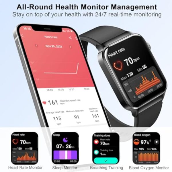 Montre Connectée Homme Femme avec Repondre Appel Bluetooth, 1.85" Smartwatch 113 Modes Sport Moniteur Sommeil Podometre Cardiofréquencemètre, Montre Intelligente Bracelet Etanche IP68 pour Android iOS – Image 5