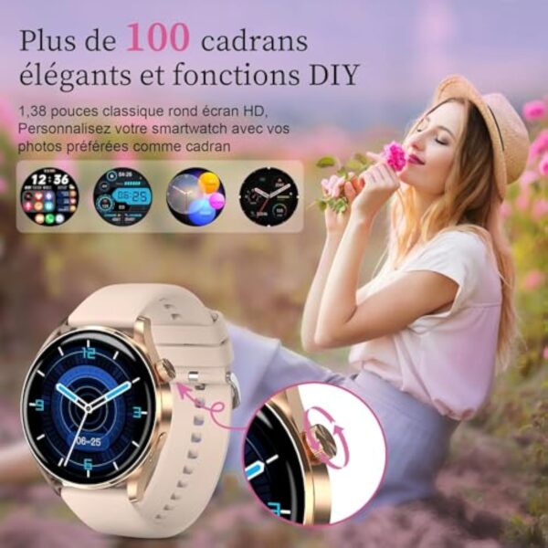 Montre Connectée Femme avec Appel Bluetooth, Montres Intelligente Ronde de 1,38" Étanche IP68 Fitness Tracker Podomètre Moniteur de Sommeil,Fréquence Cardiaque, 100+ Modes Sport, pour Android iOS – Image 5