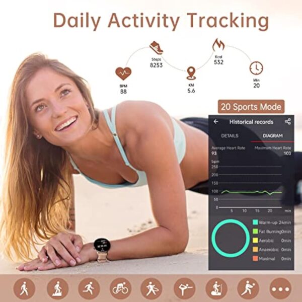 Montre Connectée Femme Appels/Notification Intelligente 1.32" Smartwatch Fréquence Cardiaque Sommeil Oxymètre 3 Bracelets Étanche Trackers d'activité Podomètre Calories Montre Sport pour iOS Android – Image 5
