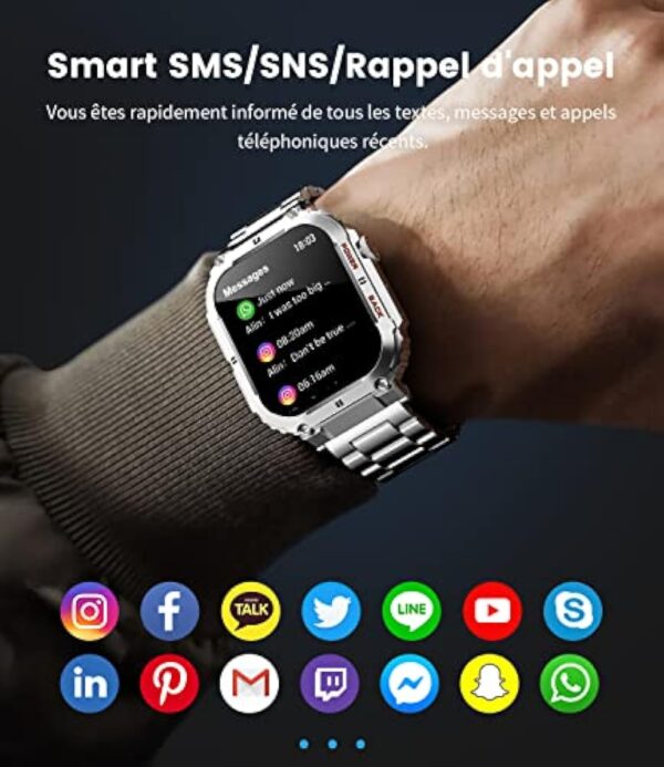 Montre Connectée Homme avec Appel Bluetooth, Militaire Smartwatch avec Fréquence Cardiaque Sommeil, 1.96" Sport Montre Intelligente IP67 Etanche Notification Intelligente pour iOS Android Argent – Image 5