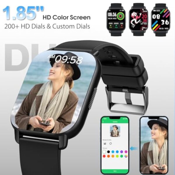 Montre Connectée Femme Homme avec Appel Bluetooth, 1.85" HD Smartwatch Motre Sport avec 112 Modes Sportifs, Podometre Cardiofrequencemetre Sommeil, Etanche IP68 Smart Watch pour Android/iOS, Noir – Image 6