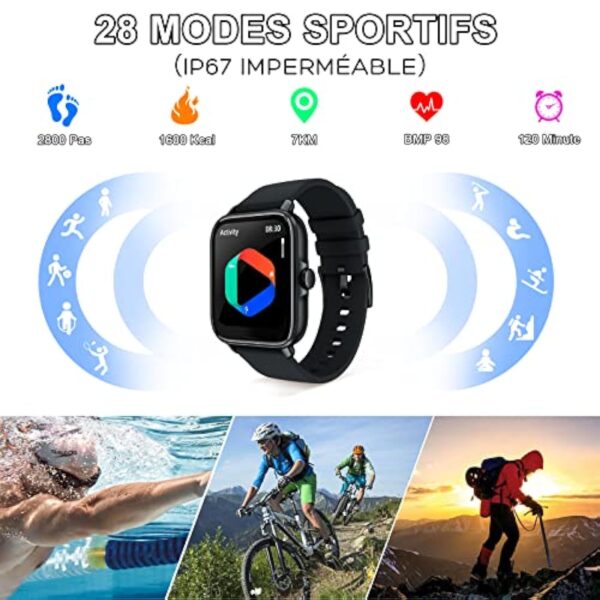 Montre Connectée Repondre Appel et SMS, 1.7" Smartwatch Sport Tactile Homme Femme Adulte Android iOS, Tracker d'activité/Podometre/Moniteur de Fréquence Cardiaque et Sommeil/ Etanche, Watch Noir – Image 6
