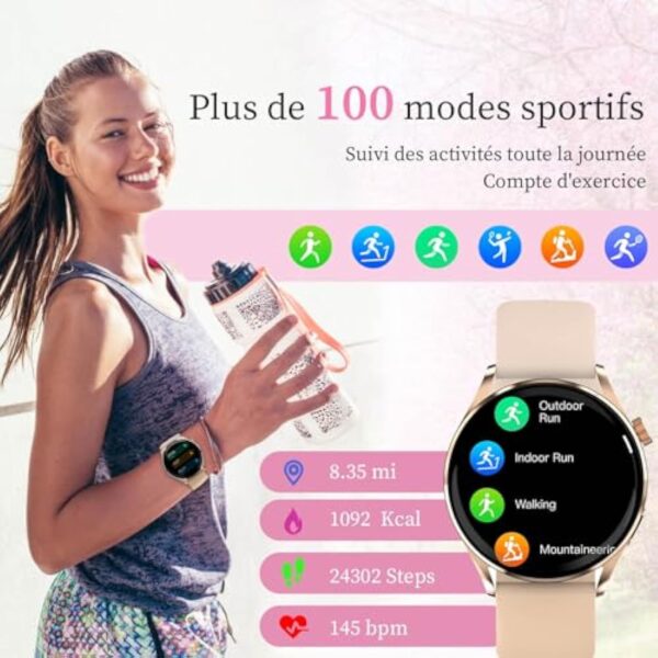 Montre Connectée Femme avec Appel Bluetooth, Montres Intelligente Ronde de 1,38" Étanche IP68 Fitness Tracker Podomètre Moniteur de Sommeil,Fréquence Cardiaque, 100+ Modes Sport, pour Android iOS – Image 6