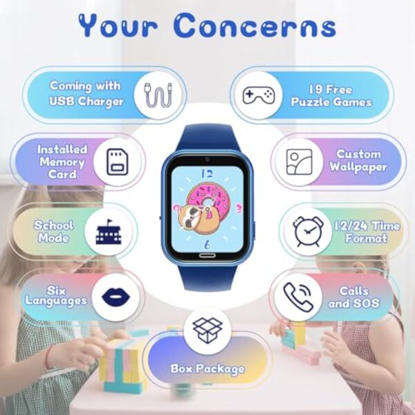 Montre Connectée Enfant 19 Jeux - Smartwatch Téléphone pour Fille Garçon avec Appel SOS, Jeux, Montre Intelligente pour Enfants de 3-12 Ans Cadeau avec Musique, Appareil Photo, Lampe Poche (Bleu) – Image 6