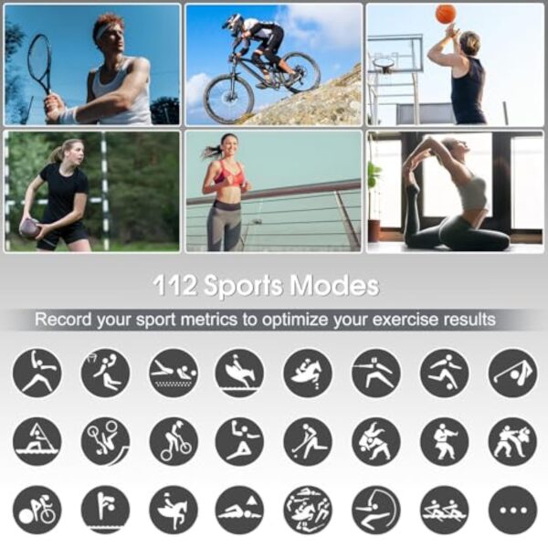 Montre Connectée Femme Homme avec Appel Bluetooth, 1.85" HD Smartwatch Motre Sport avec 112 Modes Sportifs, Podometre Cardiofrequencemetre Sommeil, Etanche IP68 Smart Watch pour Android/iOS, Noir – Image 7