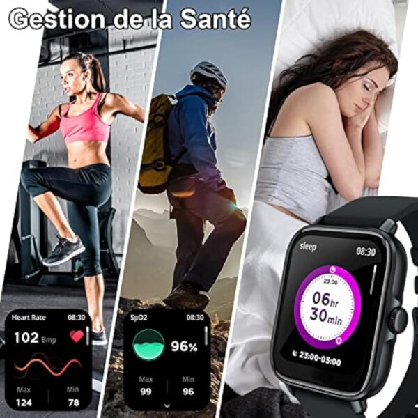 Montre Connectée Repondre Appel et SMS, 1.7" Smartwatch Sport Tactile Homme Femme Adulte Android iOS, Tracker d'activité/Podometre/Moniteur de Fréquence Cardiaque et Sommeil/ Etanche, Watch Noir – Image 7