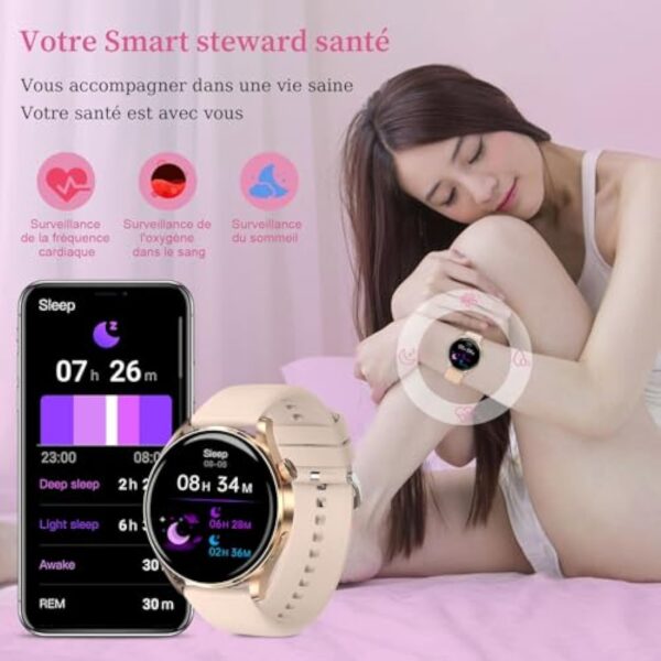 Montre Connectée Femme avec Appel Bluetooth, Montres Intelligente Ronde de 1,38" Étanche IP68 Fitness Tracker Podomètre Moniteur de Sommeil,Fréquence Cardiaque, 100+ Modes Sport, pour Android iOS – Image 7