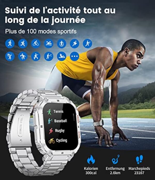 Montre Connectée Homme avec Appel Bluetooth, Militaire Smartwatch avec Fréquence Cardiaque Sommeil, 1.96" Sport Montre Intelligente IP67 Etanche Notification Intelligente pour iOS Android Argent – Image 7