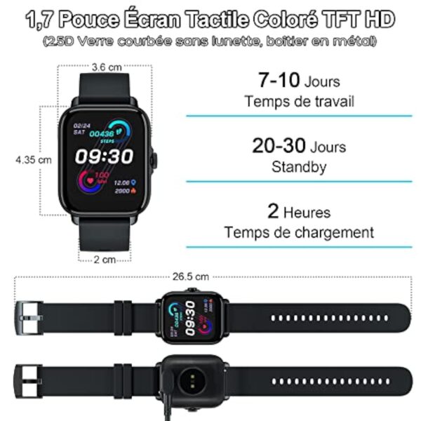 Montre Connectée Repondre Appel et SMS, 1.7" Smartwatch Sport Tactile Homme Femme Adulte Android iOS, Tracker d'activité/Podometre/Moniteur de Fréquence Cardiaque et Sommeil/ Etanche, Watch Noir – Image 8