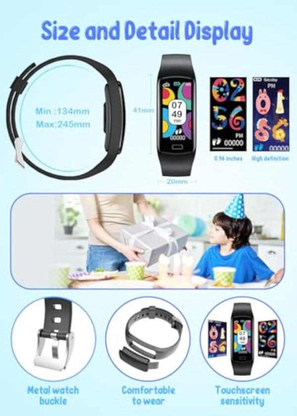 Montre Connectée Enfant Sport Smartwatch: 0.96"Connecté Bracelet Fille Garcon Fitness Tracker Activité avec Etanche Podomètre Tensiometre Moniteur de Sommeil Ecran Tactile Réveil pour Android IOS Noir – Image 8
