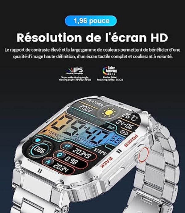 Montre Connectée Homme avec Appel Bluetooth, Militaire Smartwatch avec Fréquence Cardiaque Sommeil, 1.96" Sport Montre Intelligente IP67 Etanche Notification Intelligente pour iOS Android Argent – Image 8