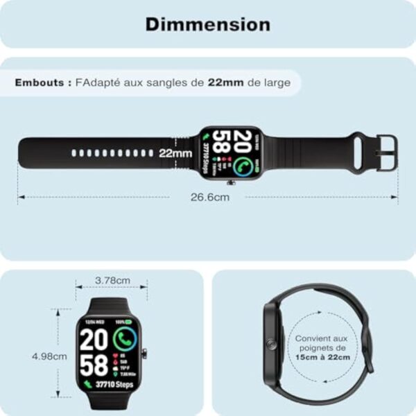 Montre Connectée Homme Femme avec Alexa Intégrée & Appel Bluetooth - 1,8" Smartwatch Montre de Sport Podometre avec 100+ Sports avec Etanche IP68, Moniteur Sommeil, Bracelet Fitness pour Android iOS – Image 8