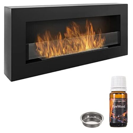 Nice-House Box Cheminée au bioéthanol avec panneau en verre Noir 900 x 400 mm