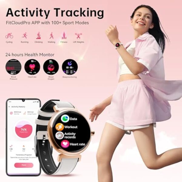 OUKITEL Montre Connectée Femme BT30 avec Appel Bluetooth,1.04" Smartwatch Podometre/Moniteur de Sommeil/Cardiofréquencemètre avec 100 Sportifs Etanche IP68 Montre Intelligente pour Android iOS-Doré – Image 4