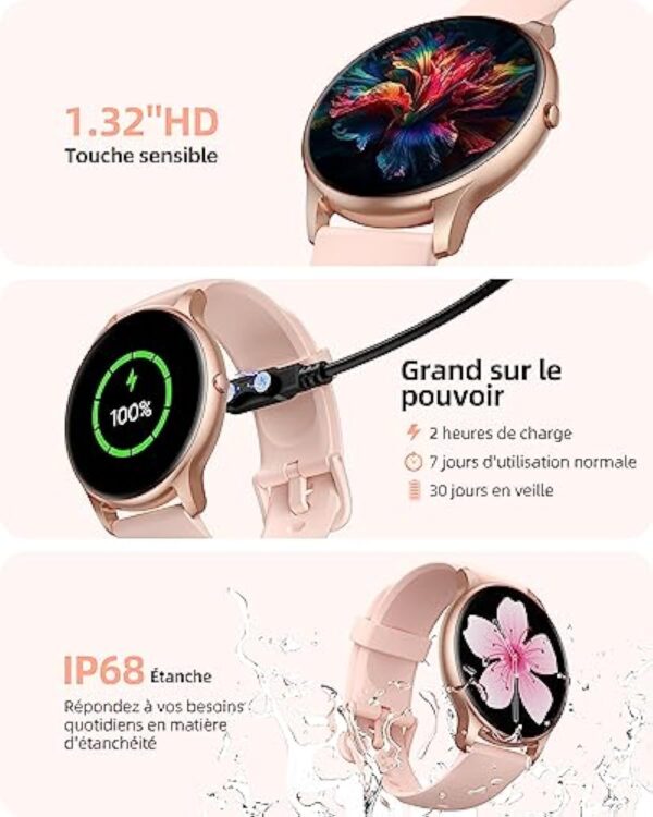 Parsonver Montre Connectée Femme avec Appels Bluetooth, 1.32" Montre Sport avec 100+ Sportifs Etanche IP68, Moniteur Sommeil Fréquence Cardiaque Podomètre, pour Android iOS, SPROD1, Or rose – Image 8