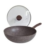 Pintinox Natura - Wok en aluminium, revêtement antiadhésif effet pierre, manche effet bois, couvercle en verre avec bouton soft-touch effet bois, convient pour induction, diamètre 28 cm