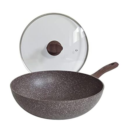 Pintinox Natura - Wok en aluminium, revêtement antiadhésif effet pierre, manche effet bois, couvercle en verre avec bouton soft-touch effet bois, convient pour induction, diamètre 28 cm