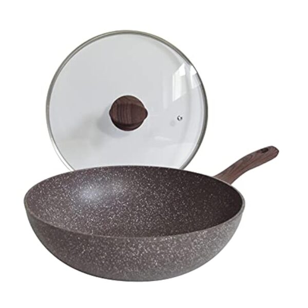 Pintinox Natura - Wok en aluminium, revêtement antiadhésif effet pierre, manche effet bois, couvercle en verre avec bouton soft-touch effet bois, convient pour induction, diamètre 28 cm