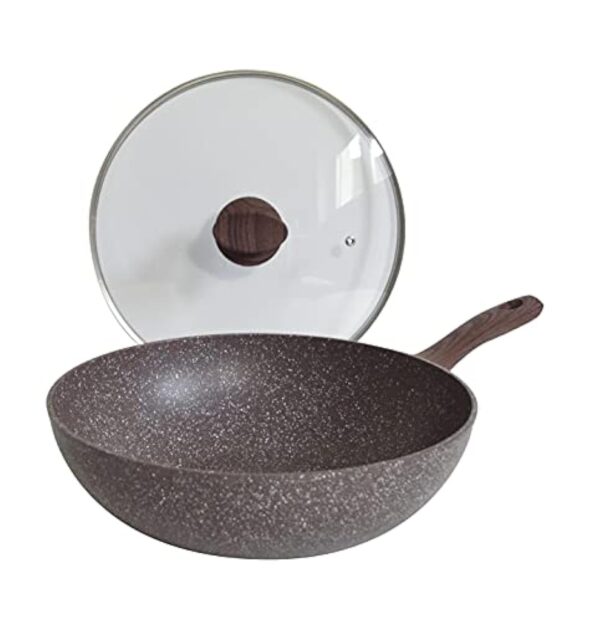 Pintinox Natura - Wok en aluminium, revêtement antiadhésif effet pierre, manche effet bois, couvercle en verre avec bouton soft-touch effet bois, convient pour induction, diamètre 28 cm – Image 2