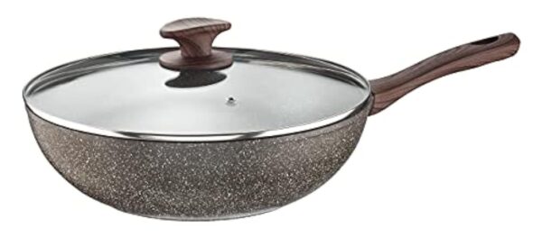 Pintinox Natura - Wok en aluminium, revêtement antiadhésif effet pierre, manche effet bois, couvercle en verre avec bouton soft-touch effet bois, convient pour induction, diamètre 28 cm – Image 3
